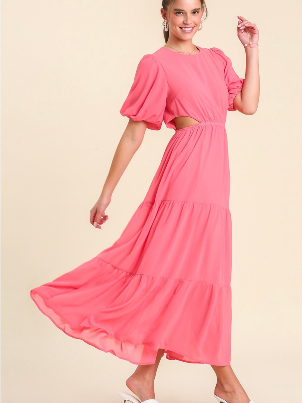 Umgee Round Neck Tiered Maxi Dress w/ Bubble Sleeves Cinched Waist Side Cutouts